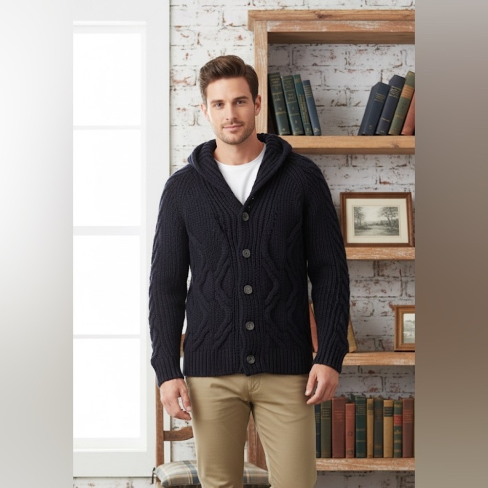 Filippo Novelli Navy Blue Wool Cable Knit Cardigan Sweater Size Medium